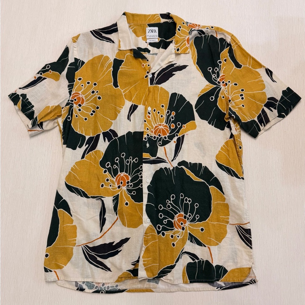 Zara Men's Casual Shirt with Mustard and Dark Green Floral Design